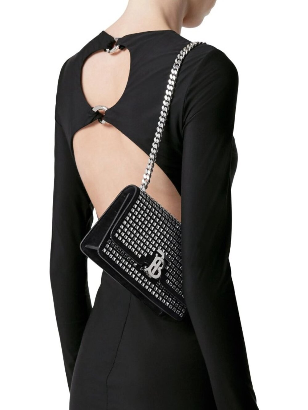 Burberry Women's Mini TB Crystal Black Suede Evening Clutch Shoulder Bag Italy - Picture 7 of 8